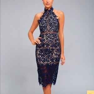 Lulus Devine Destiny Navy blue lace midi dress